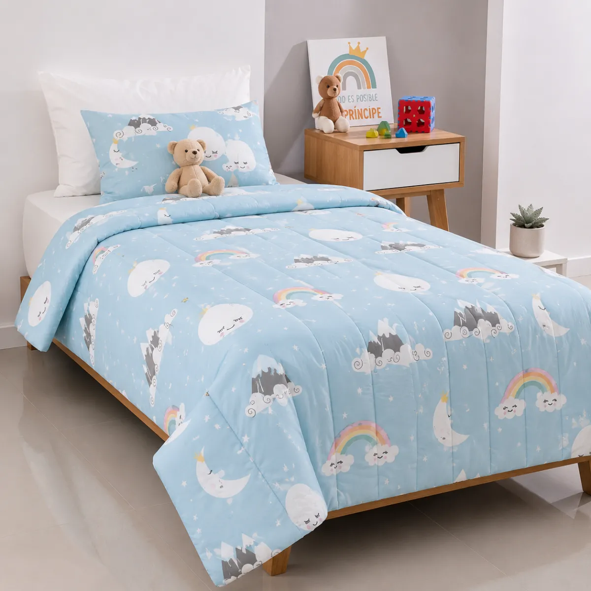 Set Cama Acolchado + Jgo Sáb Infantil  Cielo Arcoiris 1 1/2 Plaza AC10073